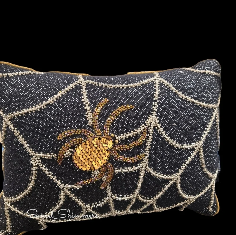 Witch Crafters Halloween Seguin Spider Beaded Spiderweb Pillow Spooky Decor 14